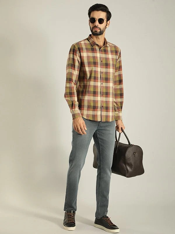 Indian Terrain Men's Slim Fit Full Sleeve Checkered Green Shirt